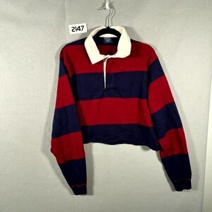 Vintage Gant Rugger Cropped Rugby Shirt Womens XL Red Navy Striped Cotton